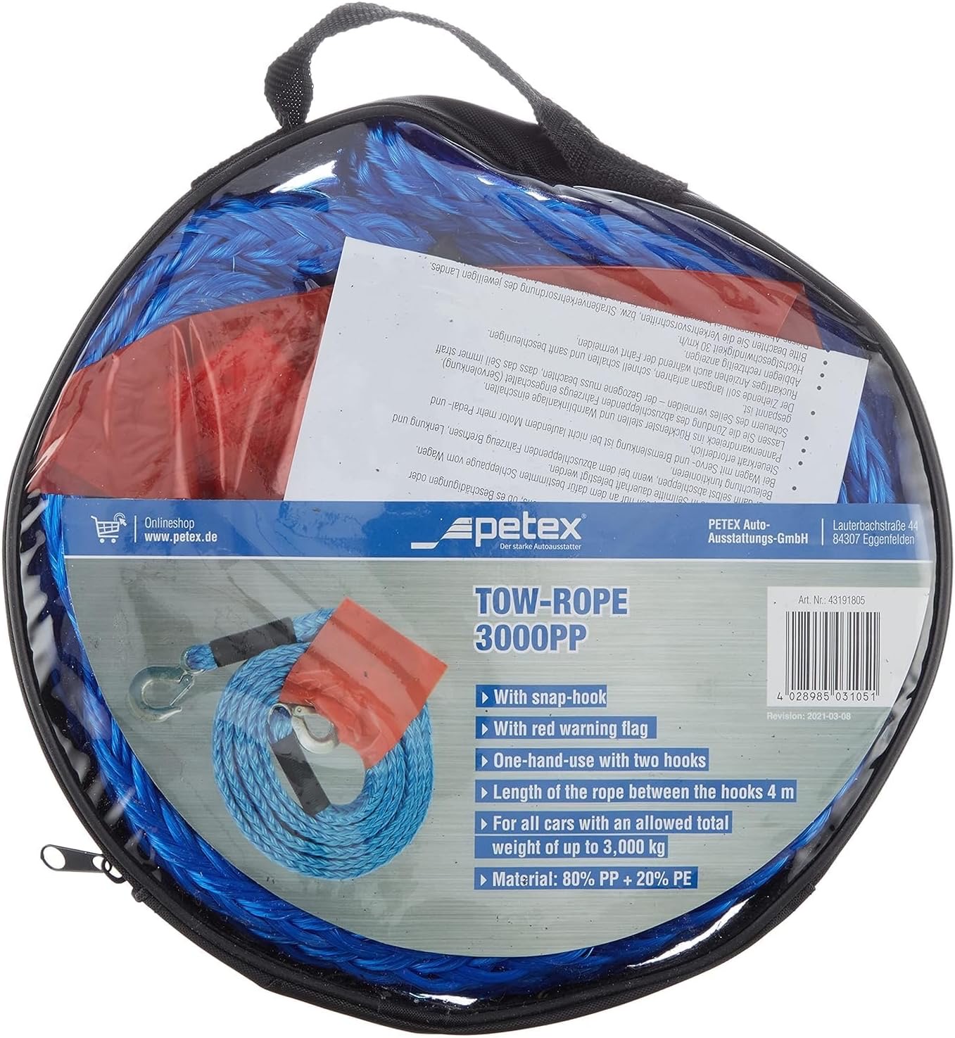 PETEX PETEX Abschleppseil bis 3000 kg mit Karabinerhaken