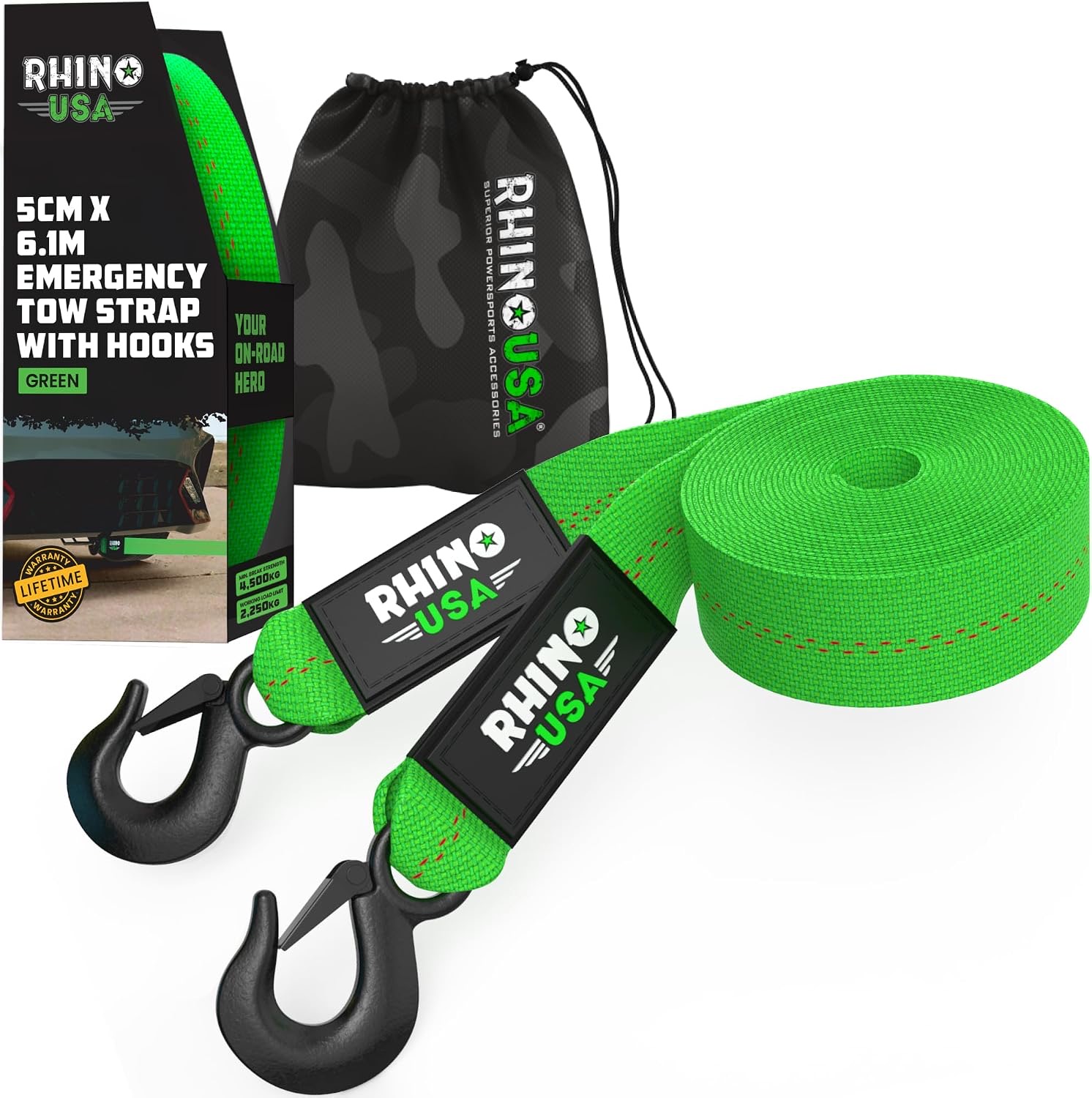 Rhino USA Abschleppgurt mit Haken (5cm x 6,1m) - 4.500kg Abschleppseil