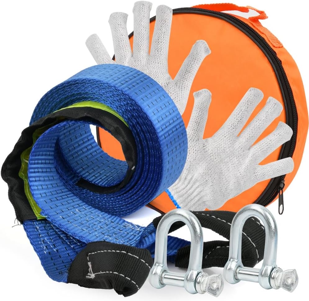 BUYGOO Abschleppseil Zubehör Set 8 Tonnen, 4.8cm x 5m Abschleppseil PKW mit Leuchtstoff Streifen, Notfall-Abschleppgurt mit 2 Dicken U-Förmigen & Rutsch Handschuhe & Aufbewahrungstasche, für Auto LKW
