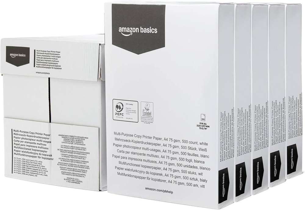 Amazon Basics Mehrzweckpapier zum Kopieren und Drucken, A4, 75g/m2, 2500 Stück (5er-Pack), Weiß