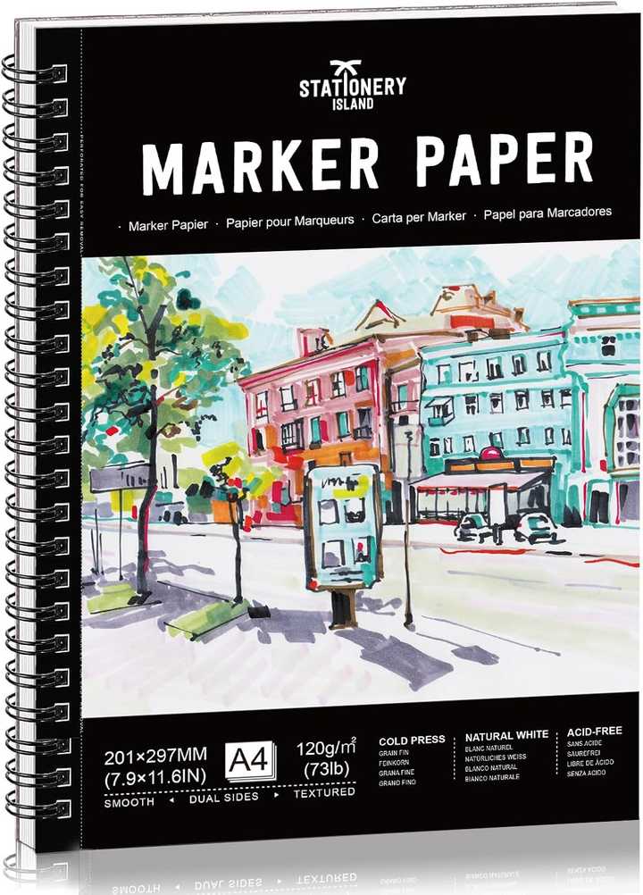 STATIONERY ISLAND Marker Papier A4 60 Sheets 73lb/120g Bleedproof Skizzenbuch Spiralgebundenes Skizzenblock zum Skizzieren Illustrieren Malen