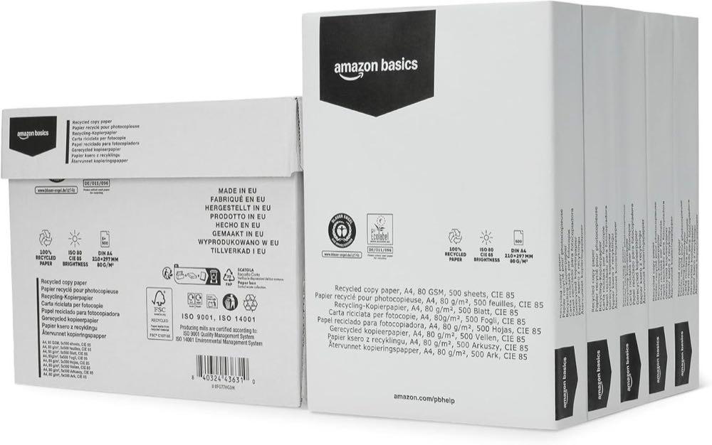 Amazon Basics Recyclingpapier, A4, 80 g/m², 2500 Blatt, Natur/Off-White