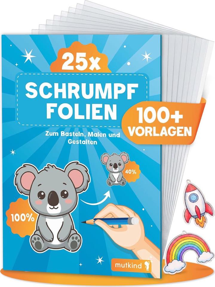 Mutkind® 25x Schrumpffolie Set [Mit 100+ Vorlagen zum Download] - Matt Transparent - Schrumpfpapier zum Basteln - Shrinking Paper Set - Shrink Plastic Sheets A5 - Geschenk Mädchen und Junge