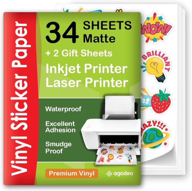Hochwertiges Vinyl Sticker Papier zum Bedrucken, Matt, Wasserfest, 34 Blatt