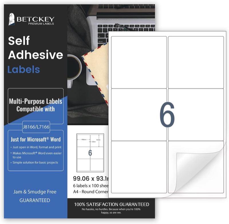 100 Blätter, 99mm x 93mm, Universal Etiketten Selbstklebend Bedruckbar, Sticker Mattes Papier, Aufkleber A4 Kompatibel mit Inkjet & Laser Drucker, 6 Etikett pro Blatt