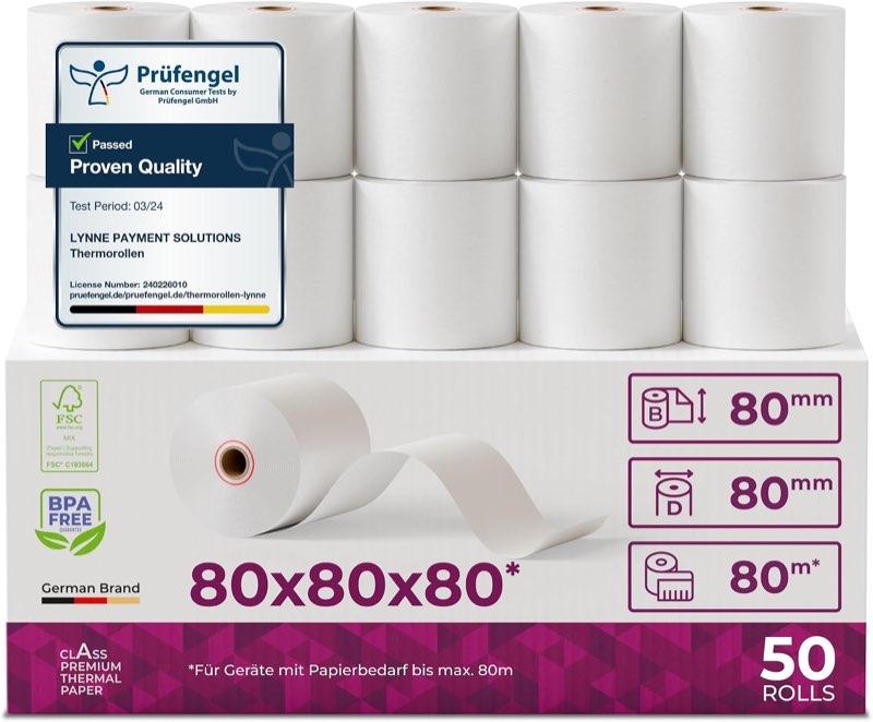 LYNNE PAYMENT SOLUTIONS Thermorollen 80 mm × 80 m × 12 mm, 50 Stück - Produktbild