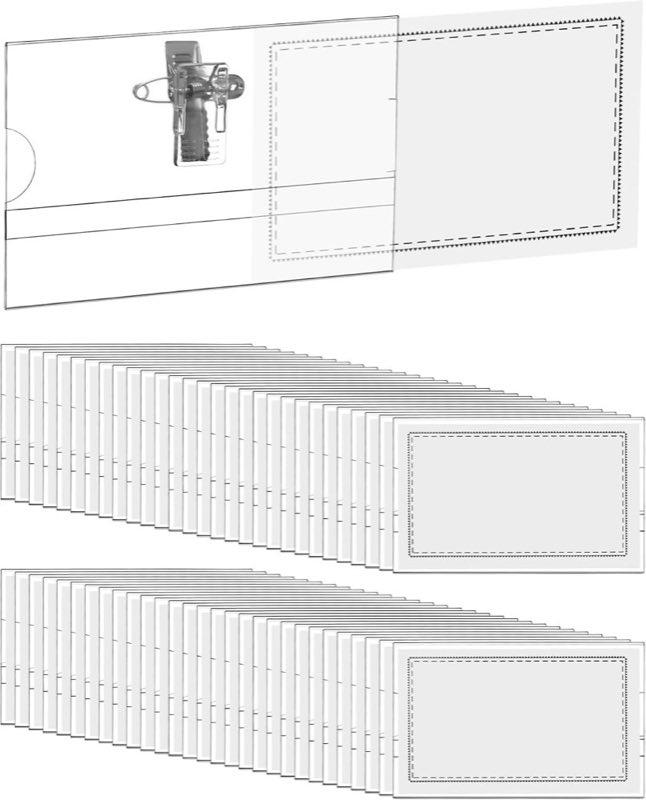 QWORK QWORK 100 Stück transparente Namensschilder, 90 mm x 56 mm, Anstecknadel und Clip