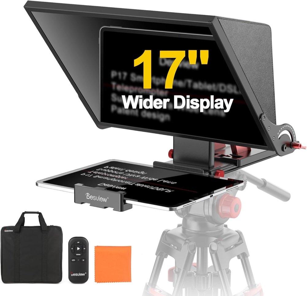 Desview P17 Teleprompter Aluminiumlegierung 17 Zoll, Prompter für iPad/Tablet mit Fernbedienung und App, Tragetasche - Ideal für Online-Unterricht, Livestreams & Vlogging