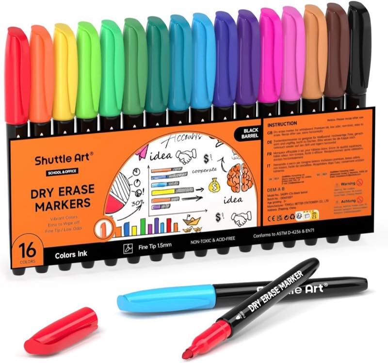 Shuttle Art Shuttle Art Whiteboard Marker Set mit 16 Farben, feiner Spitze