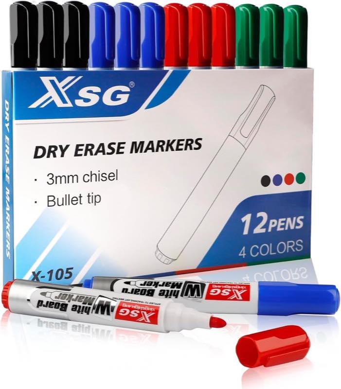 ABEIER Whiteboard Marker, 12 Stifte, Rundspitze 3 mm, 4 Farben