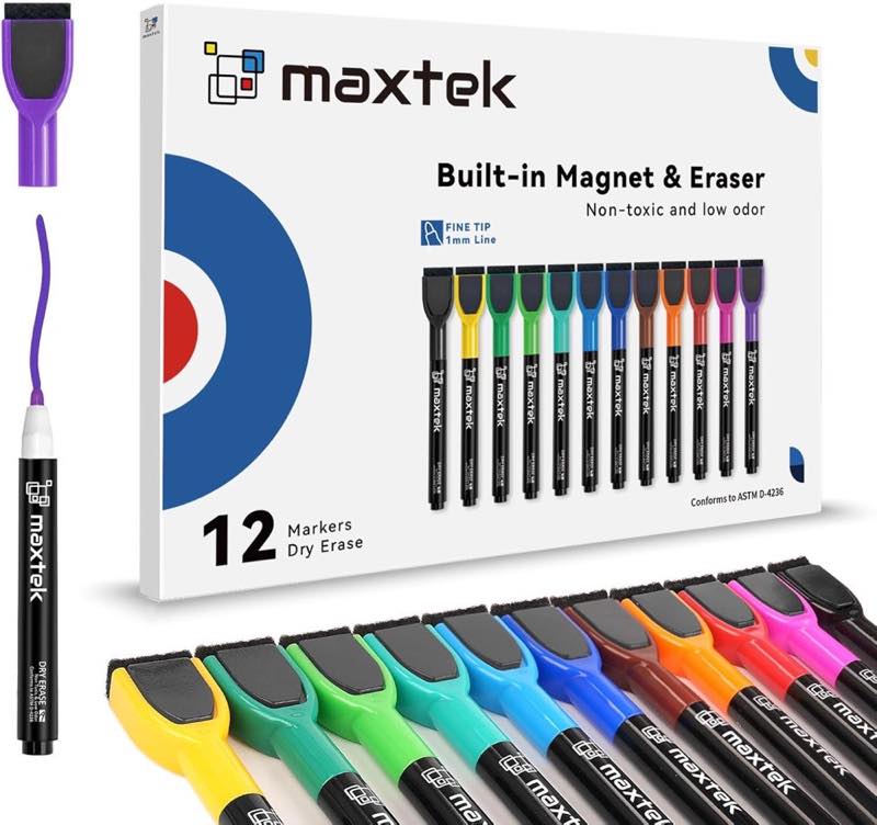 maxtek Magnetische Whiteboard Marker, 12 Farben, Feinspitze 1–2 mm