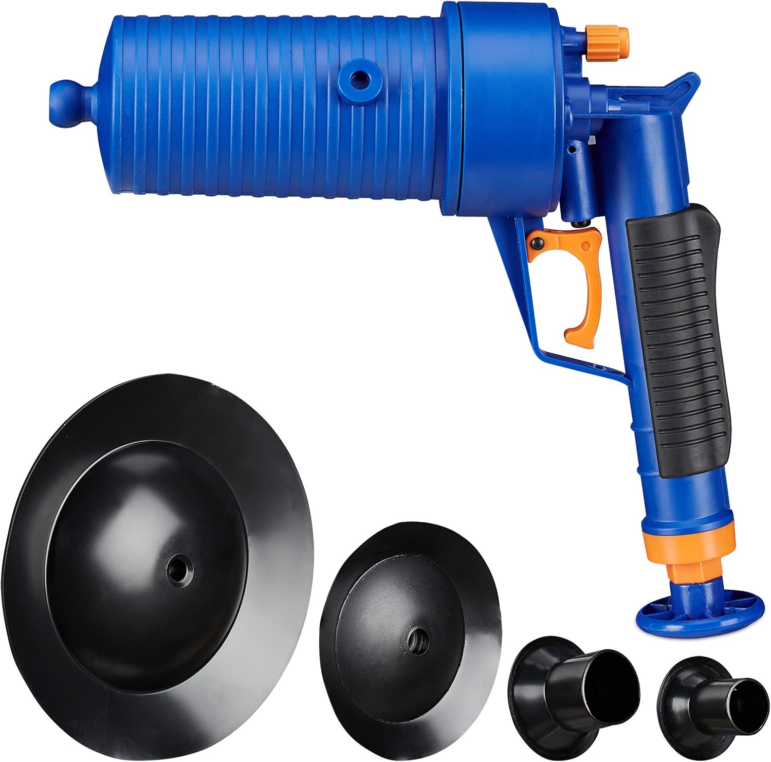 Relaxdays Pressluft Rohrreiniger 4 Aufsätze blau