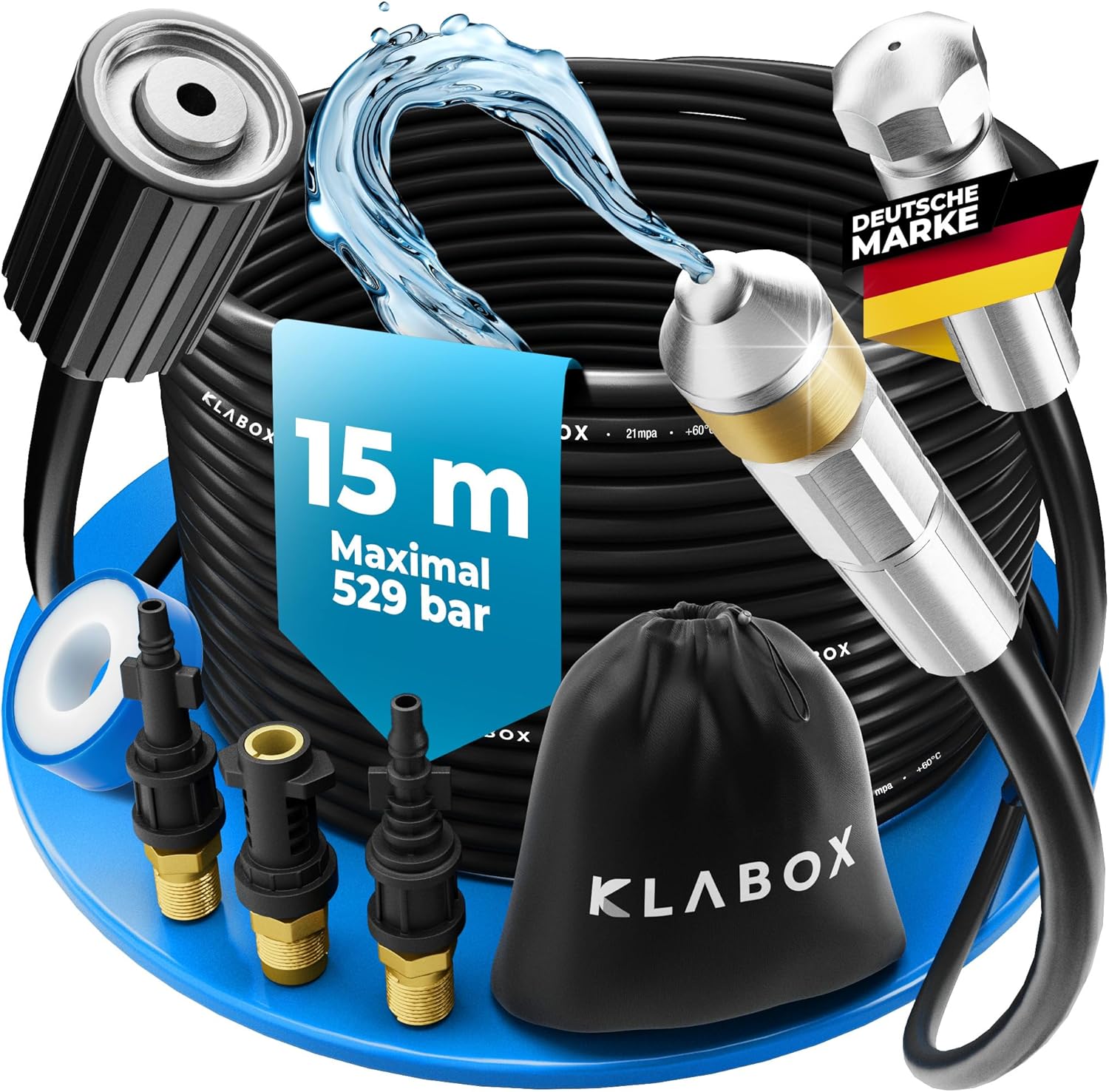 KLABOX Rohrreinigungsschlauch 15m mit 3 Adaptern