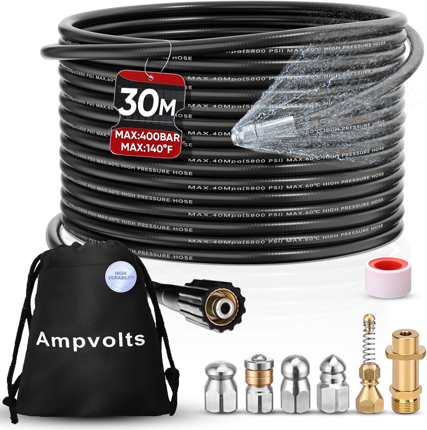 Ampvolts 30m Rohrreinigungsschlauch Set mit 5 Düsen