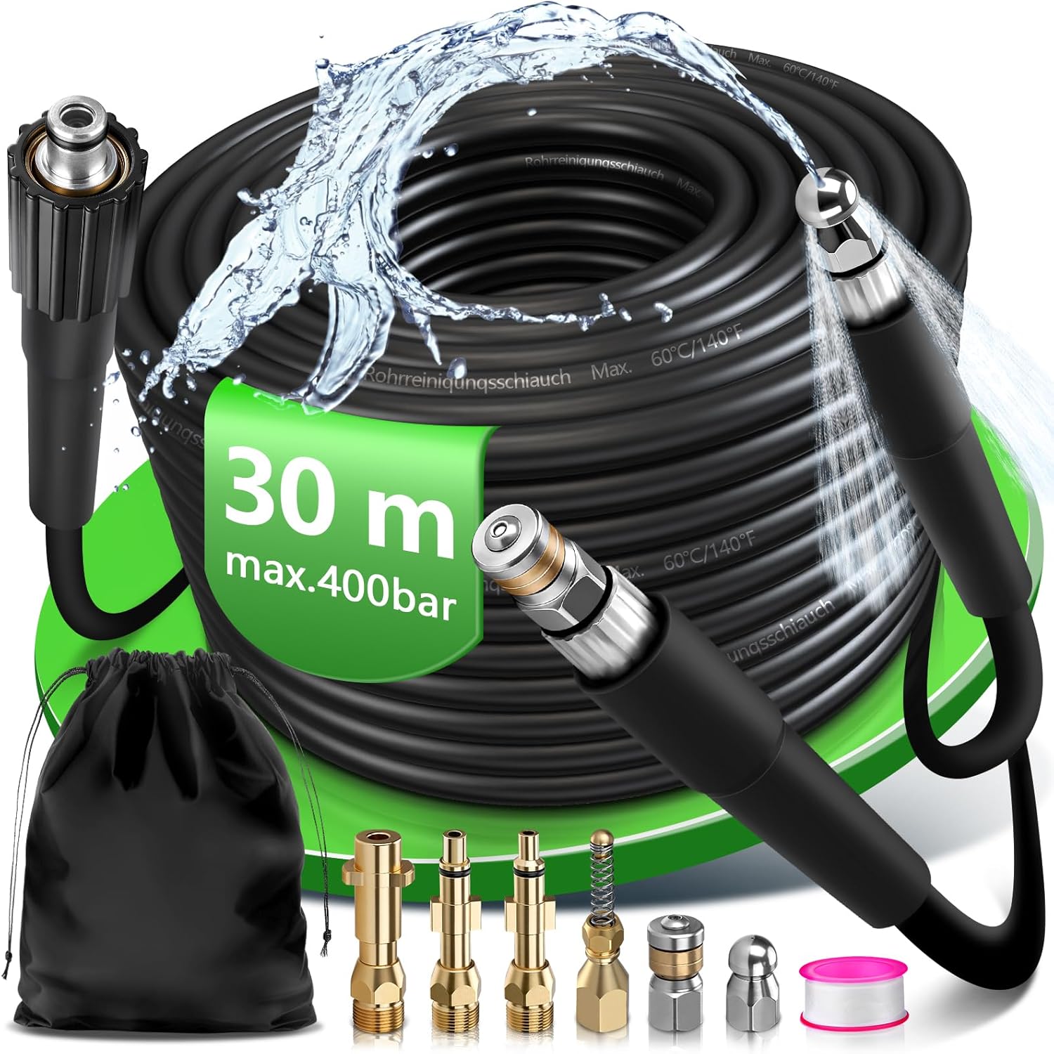 DENEWERK 30m Rohrreinigungsschlauch mit Federdüse