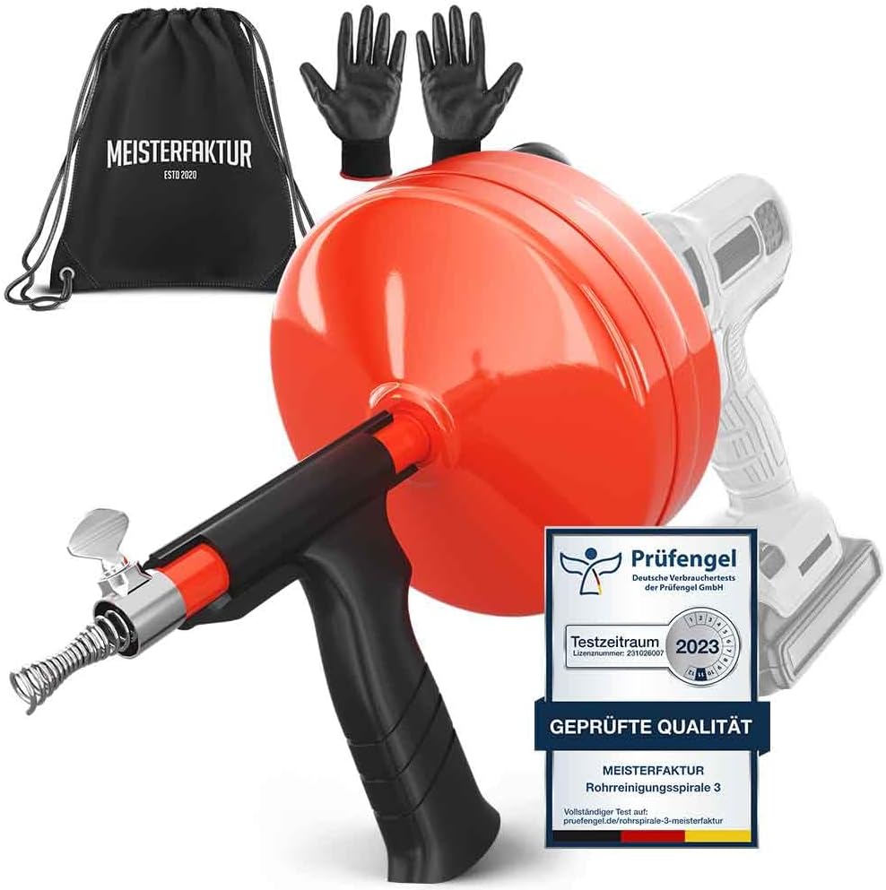 MEISTERFAKTUR Rohrreinigungsspirale [15M] - Metalltrommel mit Bohraufsatz