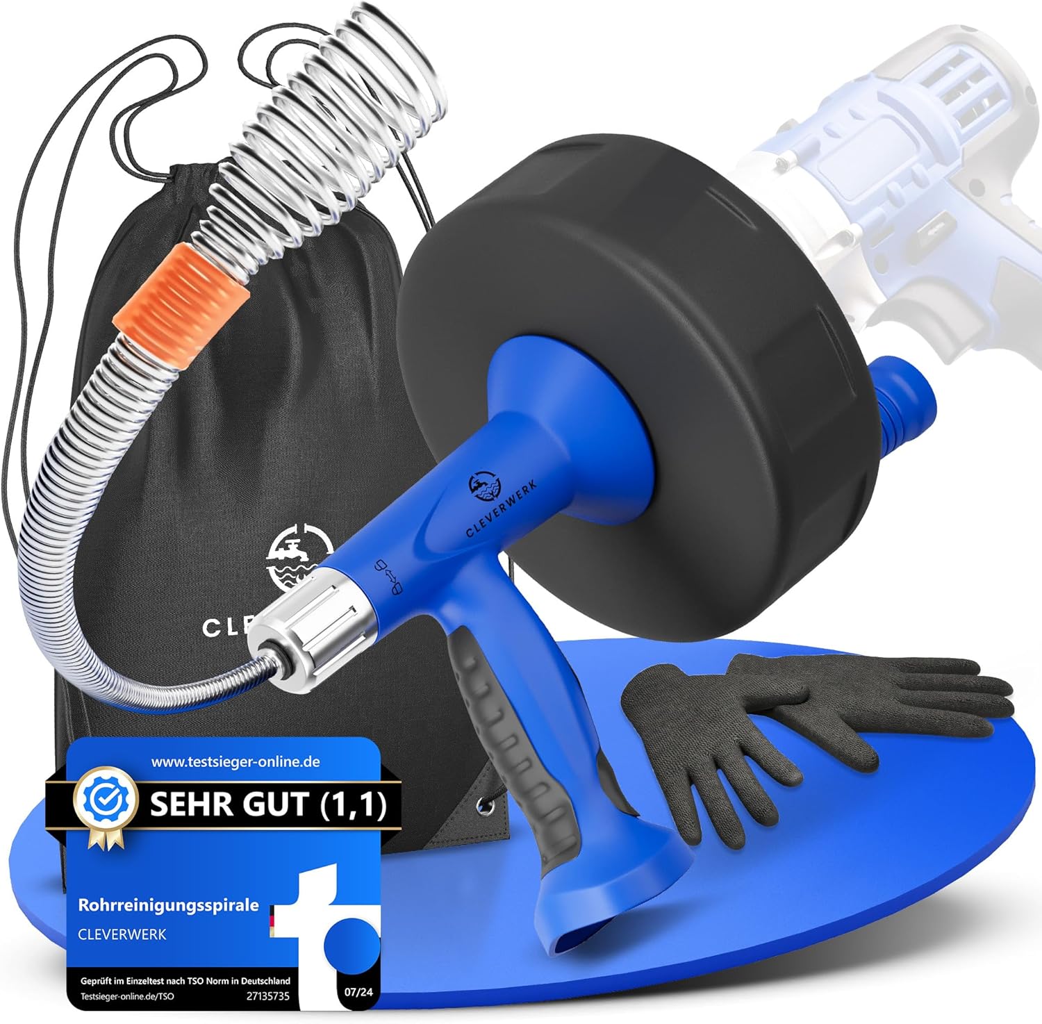 CLEVERWERK Rohrreinigungsspirale 7,5m [Spannfutter] mit Metermarkierungen