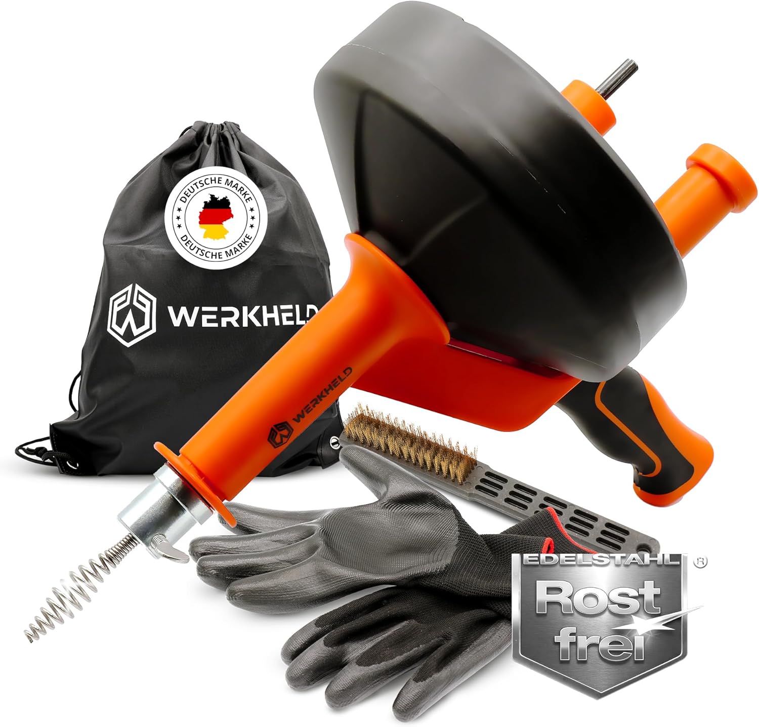 WERKHELD Rohrreinigungsspirale [7,5m] Edelstahl rostfrei mit Bohraufsatz