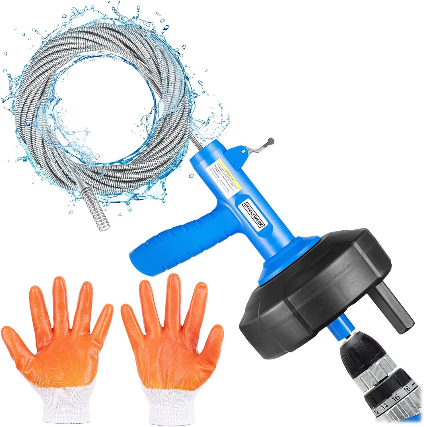 EffektWerk Rohrreiniger 7,6m mit Bohrmaschinenaufsatz