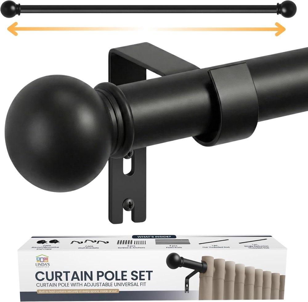 Linda's Essentials Ausziehbare Gardinenstange Schwarz Matt 87–243 cm, Ø 16 mm, mit Kugelkappen