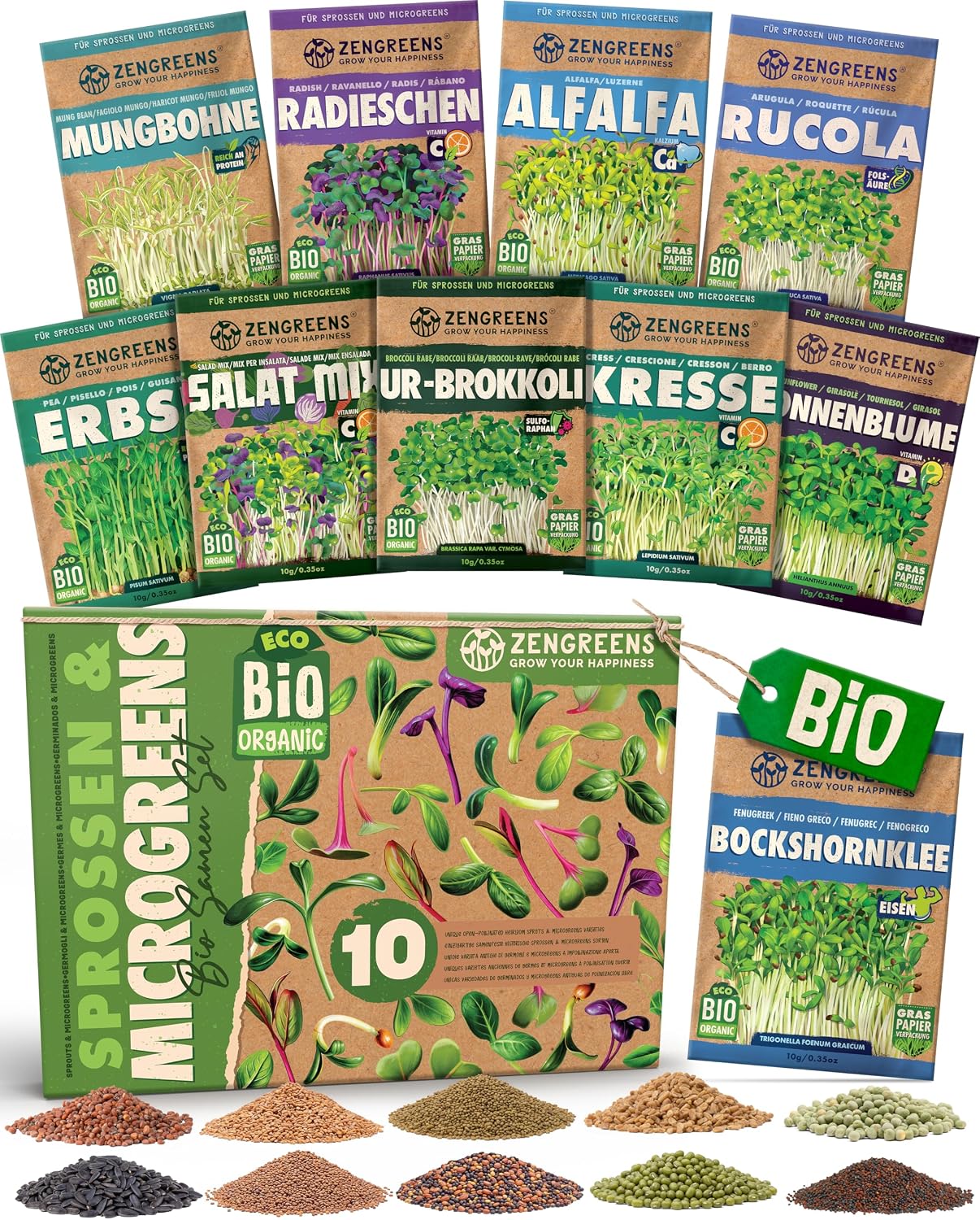 ZenGreens Bio Sprossensamen Set 10 Sorten – Testsieger im Keimsprossen-Vergleich