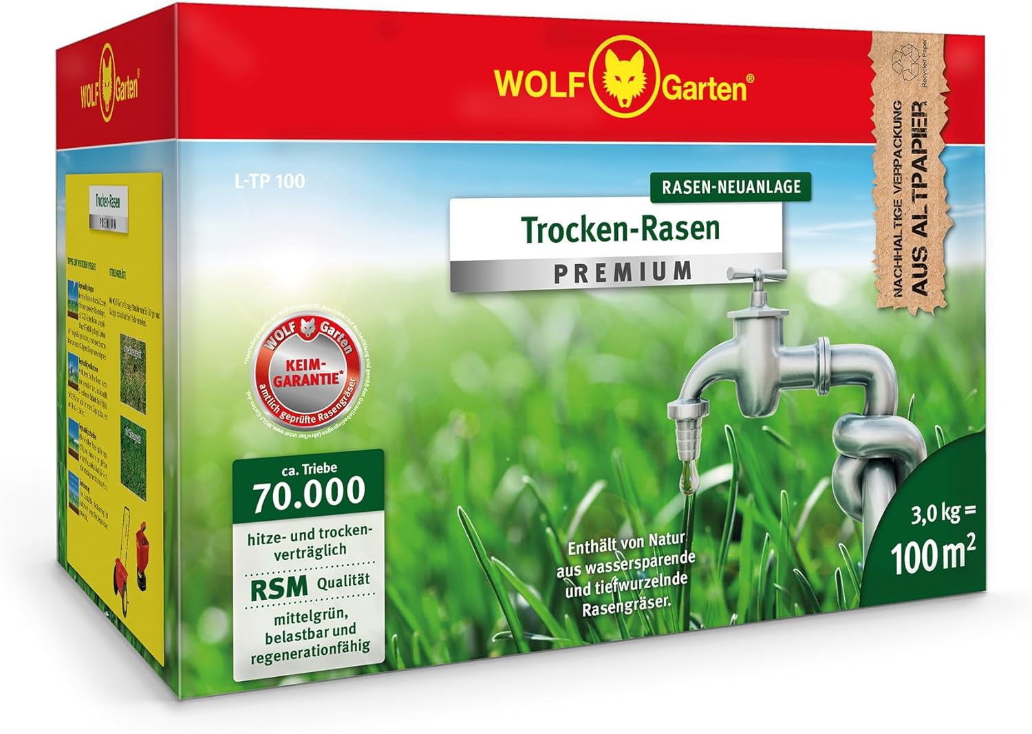WOLF-Garten Trocken-Rasen PREMIUM L-TP 100 (3 kg / ca. 100 m²) – Testsieger im Trockenrasen-Vergleich