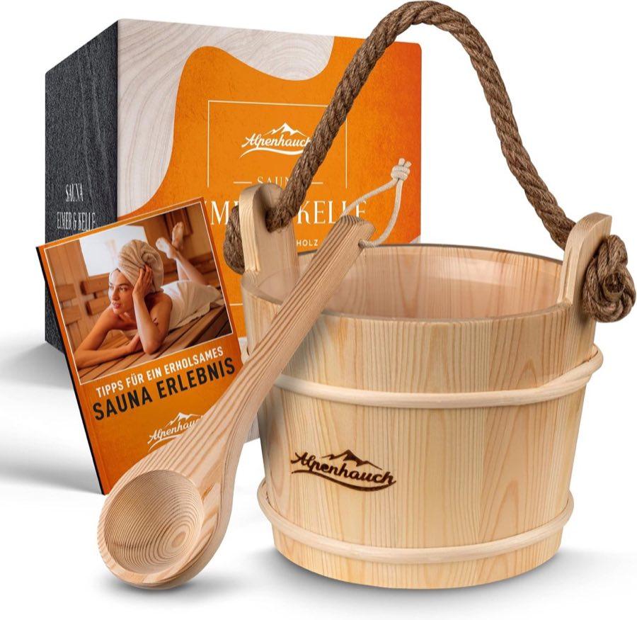 ALPENHAUCH Sauna Eimer mit Kelle Naturholz