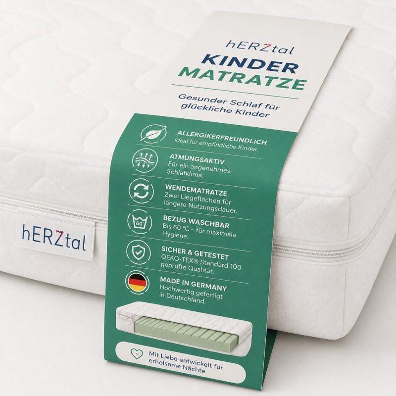 hERZtal Kindermatratze 90x200, Kaltschaum, 13 cm, 7-Zonen ab 90 cm, OEKO-TEX
