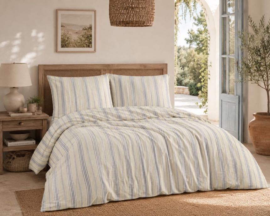 KK SHOPPING Leinen-Bettwäsche 135×200, gestreift, Beige-Blau
