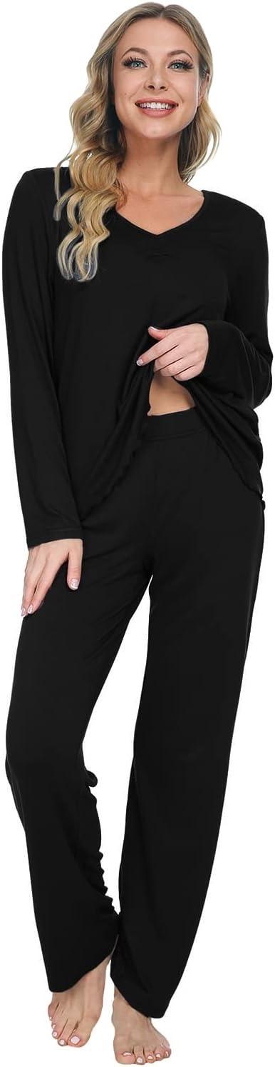 Mnemo Schlafanzug für Damen, gestrickt, V-Ausschnitt, gewellter Saum, Slim Fit