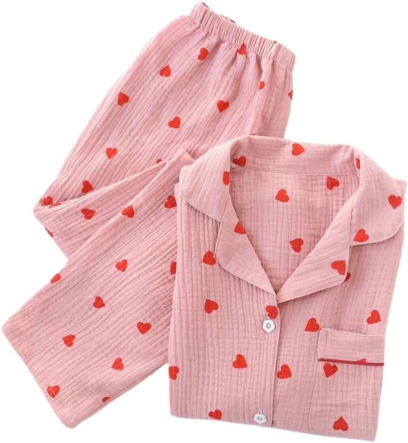 Revers Pyjama-Set für Damen, Pfirsich-Herz, langärmelig, Baumwolle