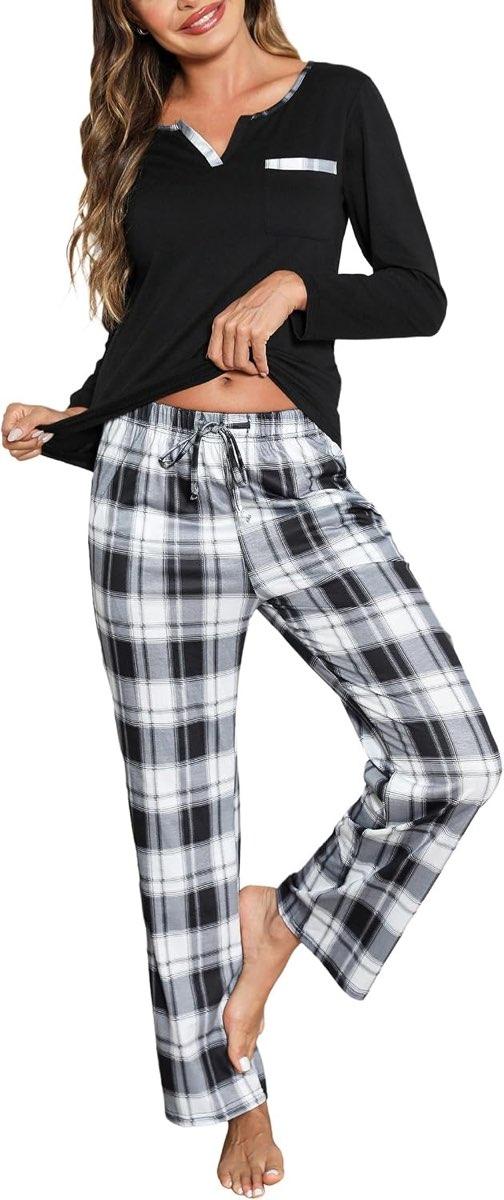 Bresdk Schlafanzug Damen Lang, Pyjama-Set Baumwolle, kariert