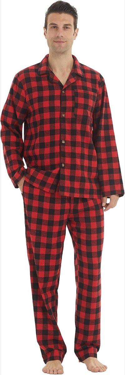 YUSHOW YUSHOW Schlafanzug Herren Lang, Flanell, kariert mit Tasche