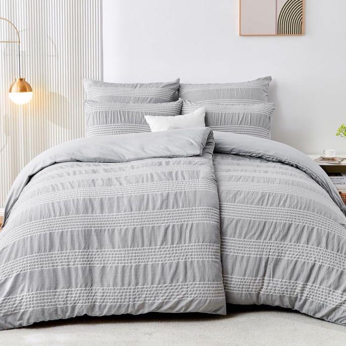 Qucover Seersucker Bettwäsche 135×200 Grau-Weiß, 4-teilig