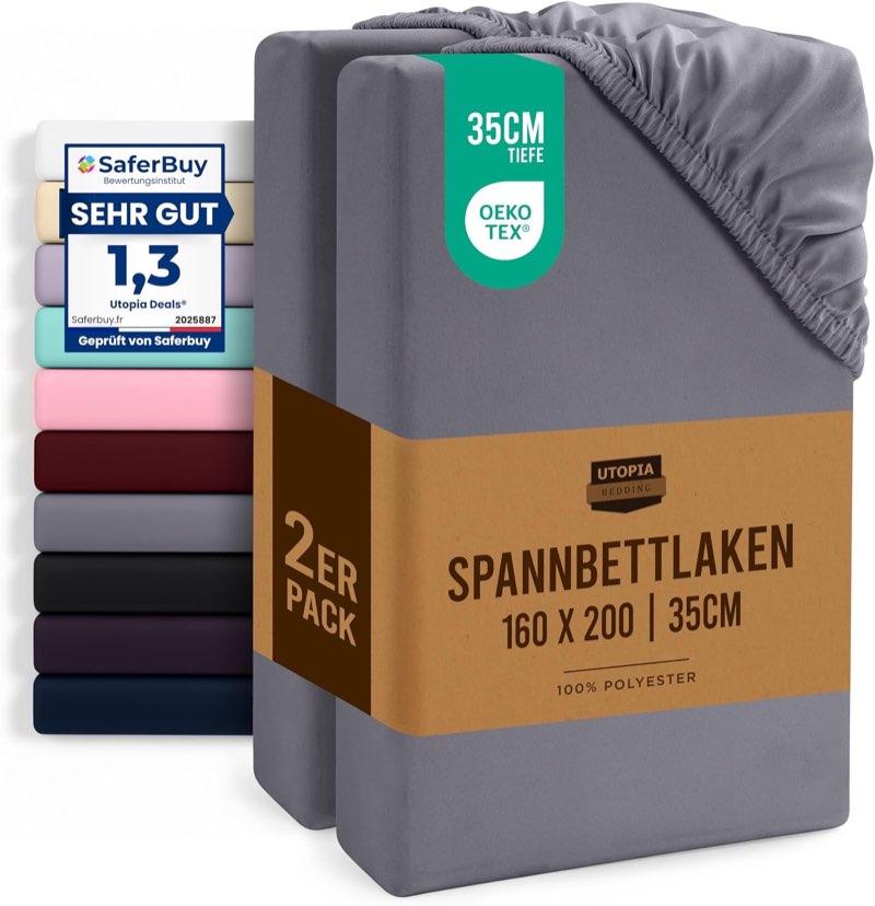 Utopia Bedding 2er-Set Spannbettlaken 160x200 Grau