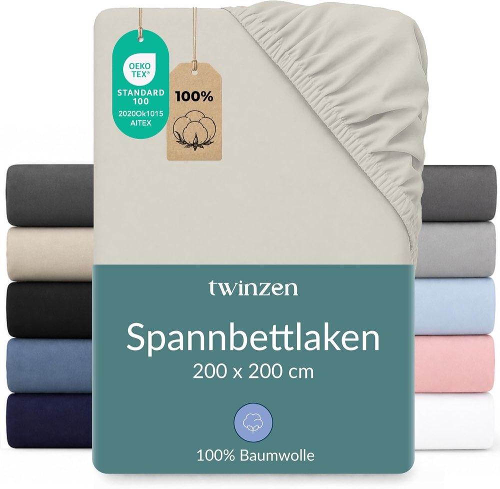 Twinzen Twinzen Spannbettlaken Baumwoll-Jersey 200x200 Beige Steghöhe 30 cm
