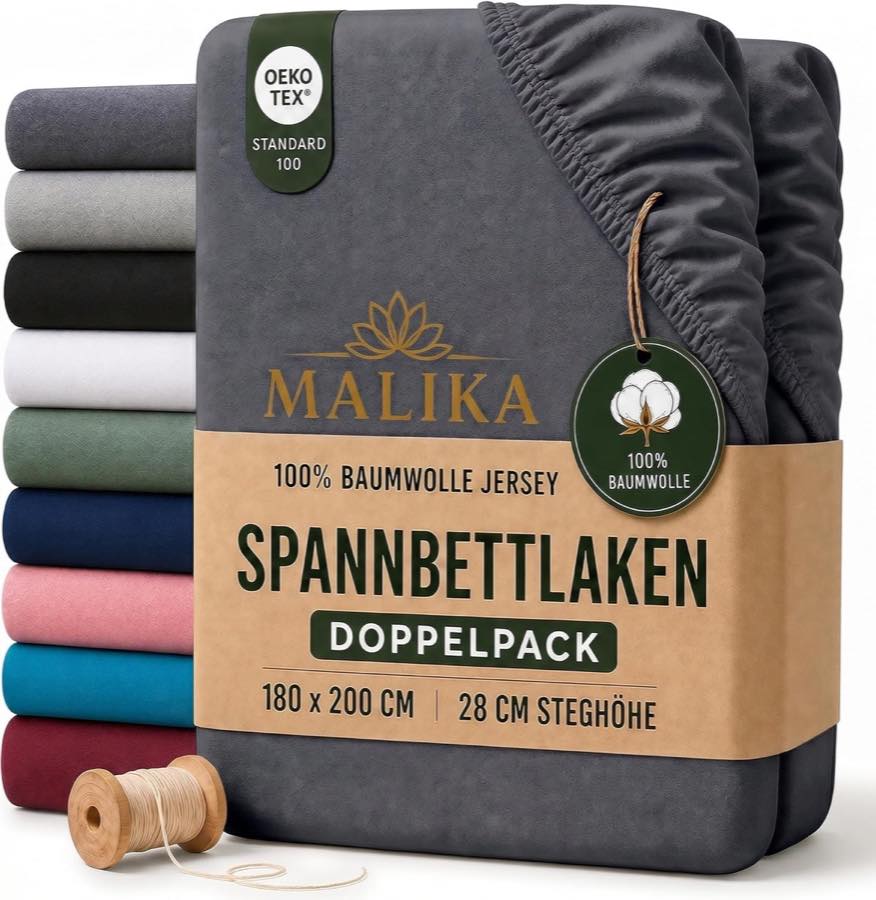 MALIKA Jersey Spannbettlaken 90–100×200 2er-Pack Anthrazit