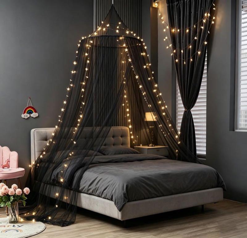 HanYun Betthimmel mit LED-Kette, Schwarz