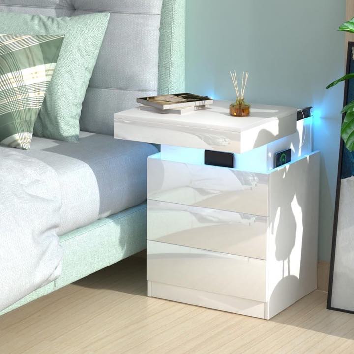 Lvhcmfohm Nachttisch LED, 3 Schubladen, 67 cm