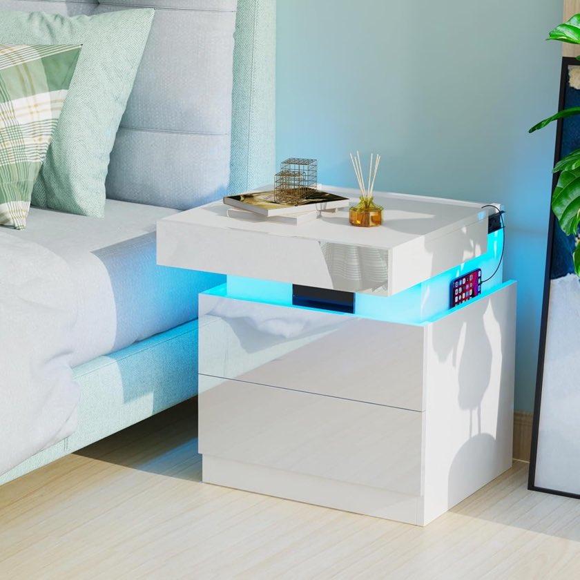 Lvhcmfohm Nachttisch LED, 2 Schubladen, 52 cm