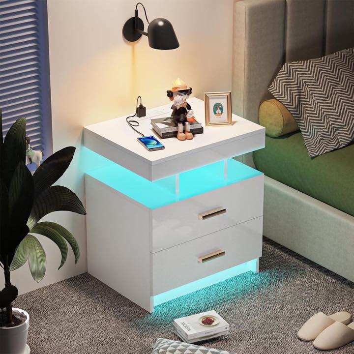 Lvhcmfohm Nachttisch LED, 2 Schubladen, Weiß