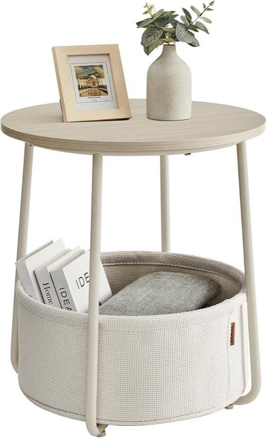 VASAGLE VASAGLE runder Beistelltisch mit Stoffkorb, Naturbeige