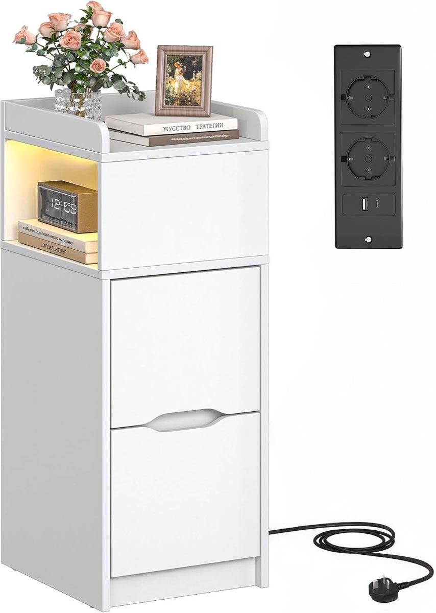Quikraen Nachttisch schmal, Steckdose und LED, Weiß