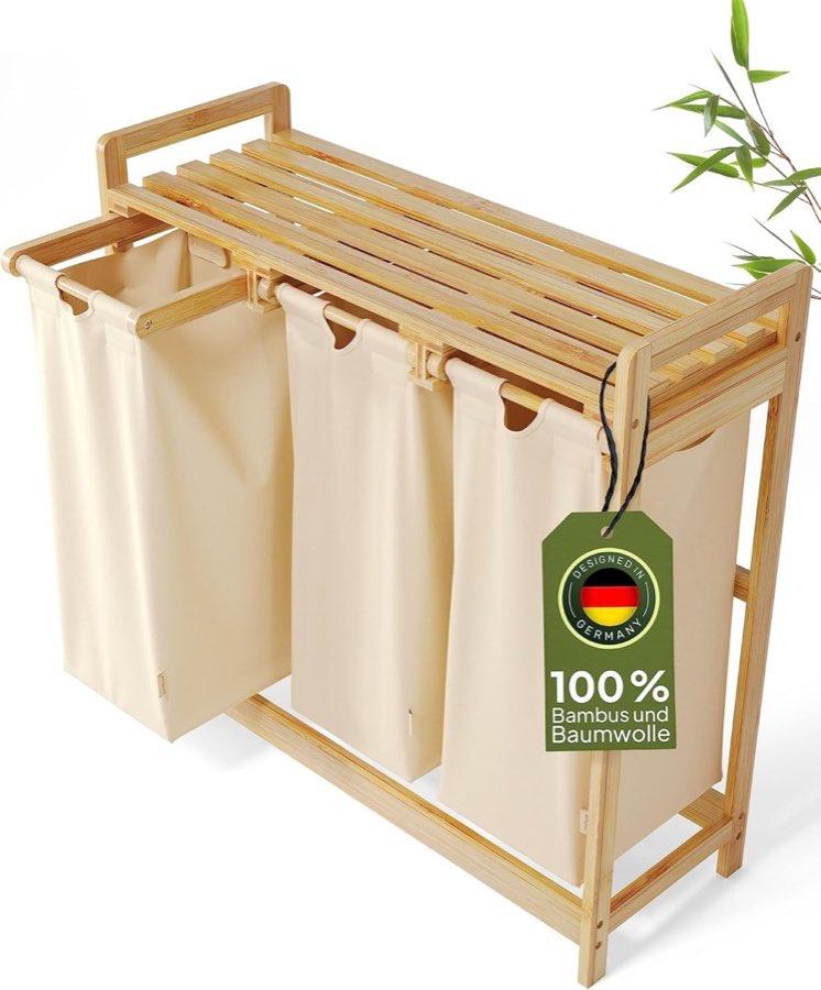 AMBIAVO Wäschekorb 3 Fächer beige · 90 L Bambus · Wäschesammler, schmal