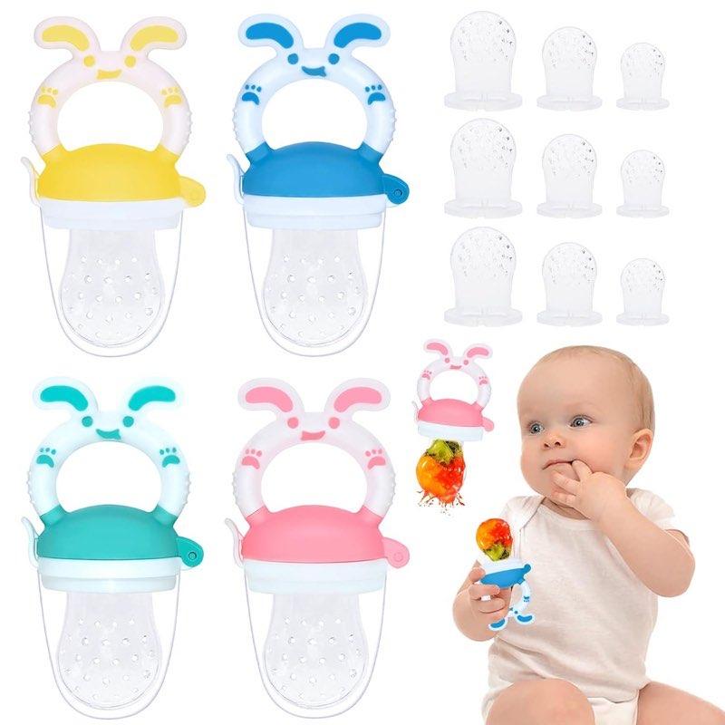 Fruchtsauger Set, 4 Stücke Fresh Fruit Schnuller 9 Ersatzschnuller, Silikon Obstschnuller Schmerzlindernder Beißring, Für Obst und Gemüse, 3 Größen