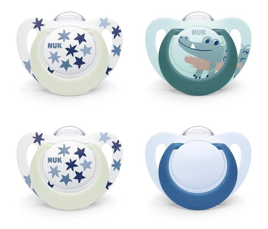 NUK Star Day & Night Babyschnuller | 18-36 Monate | Beruhigt 99% der Babys | Silikonschnuller | Mit Leuchteffekt für einfaches Finden im Dunkeln | Krokodil | 4 Stück