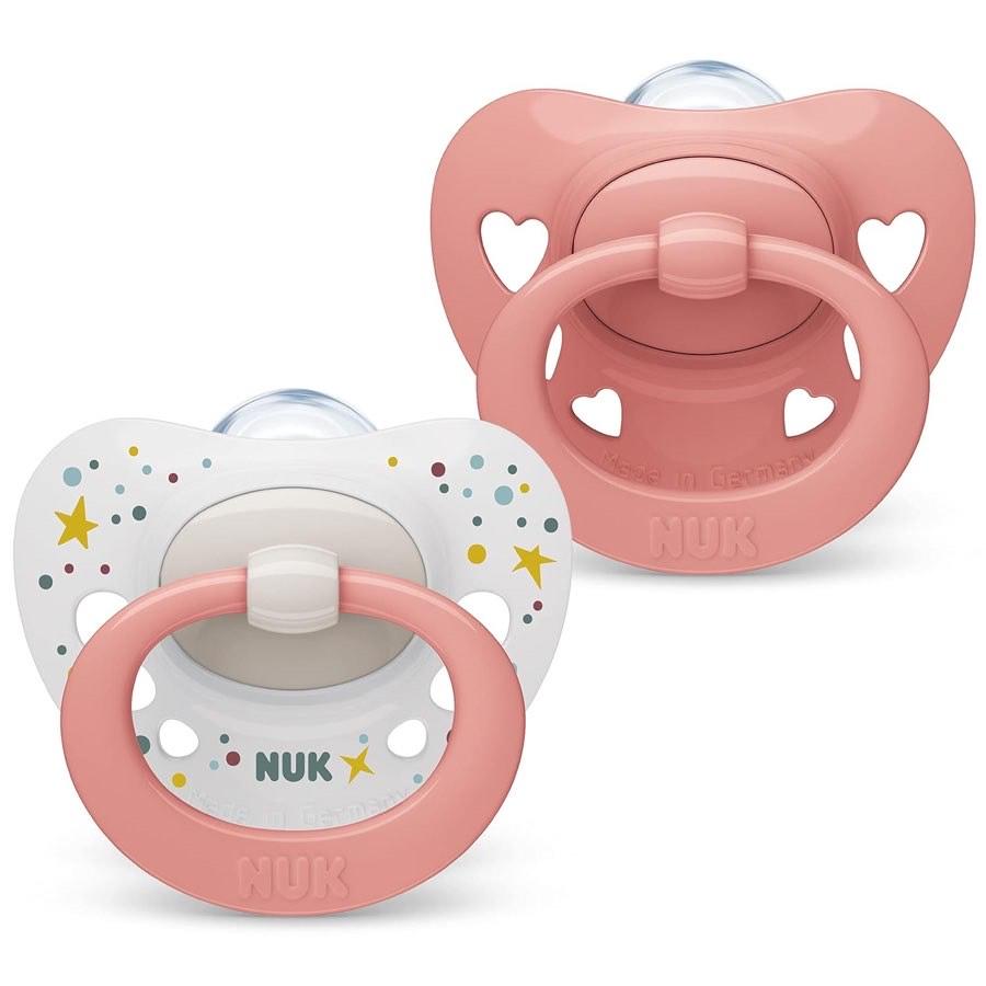 NUK Signature Babyschnuller | 0−6 Monate | Beruhigt 95% der Babys | Silikonschnuller in Herzform | Mit Etui | Rosa Herzen | 2 Stück