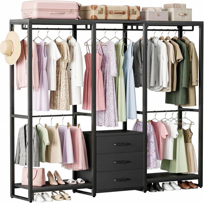 Homieasy Offener Kleiderschrank mit 5 Kleiderstangen und 3 Stoffschubladen