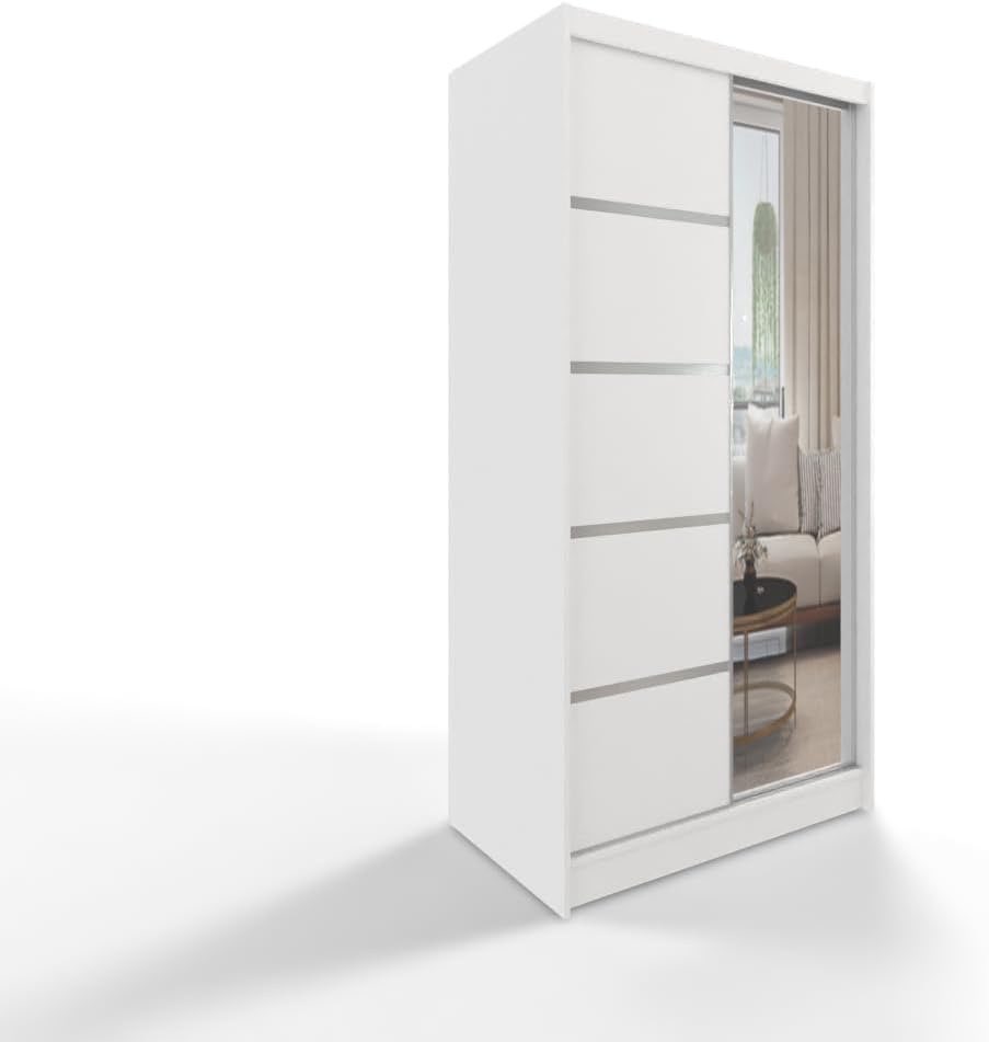 Schwebetürenschrank 100 cm, Weiß mit Spiegel