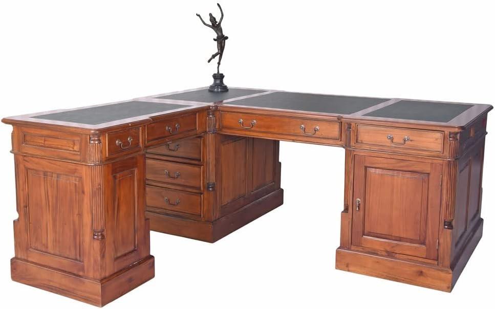 Eckschreibtisch Mahagoni Chefbüro, Partnerdesk massiv, ca. 75 × 178 × 180 cm, Kunstleder-Einlage